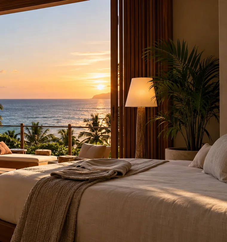 Habitación de hotel boutique frente al mar al atardecer