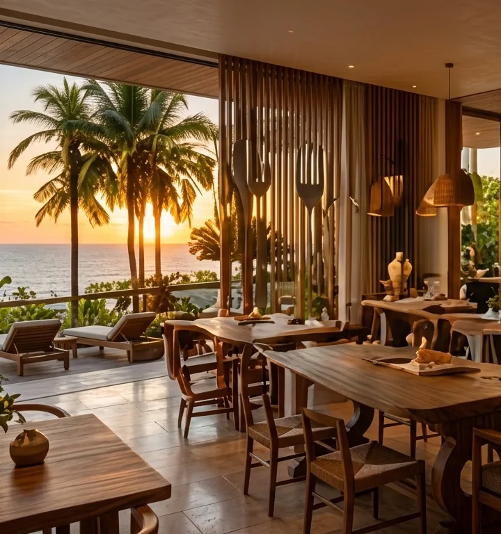 Restaurante y bar frente al mar a la hora dorada